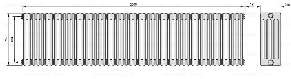 Схема (чертеж) Радиатор Zehnder Charleston 6075/50 №1270 Белый глянцевый RAL 9016